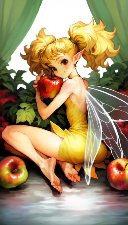 score_9,score_8_up,score_7_up,
<lora:vanillaStyle3:0.9>,
vanillastyle,
tiki,fairy,1girl,solo,yellow hair,pigtails,brown eyes,looking at viewer,smile,pointy ears,translucent delicate wings,yellow dress with a jagged hem,barefoot,bare shoulders,full body,sitting,wariza,back view,hugging a very big apple,white background,