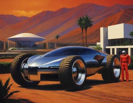 <lora:syme:0.6>syme, retrofuturistic car, off road tires, people, mountains, palm trees, building