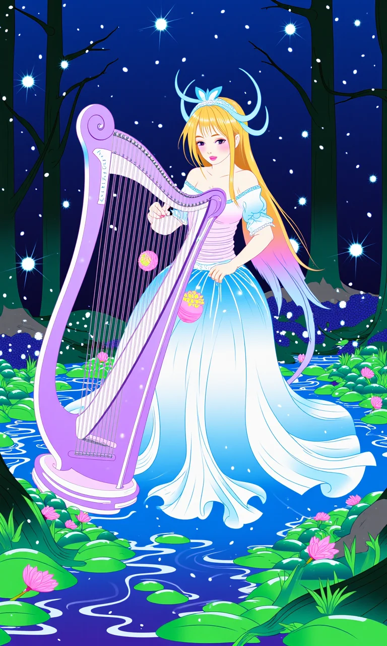 A magical anime musician playing a glowing, crystalline harp. Her semi-transparent gown flows like water, and each note she plays releases sparkling lights that dance around her in a vibrant forest. <lora:line_art_flux:0.8>