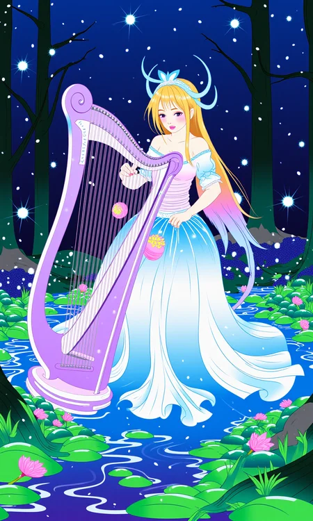 A magical anime musician playing a glowing, crystalline harp. Her semi-transparent gown flows like water, and each note she plays releases sparkling lights that dance around her in a vibrant forest. <lora:line_art_flux:0.8>
