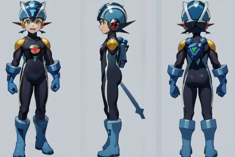 (masterpiece, official art, simple background), best quality, 1boy, solo, chara-sheet, megaman, blue footwear, blue boots, blue headwear, blue helmet, (indigo bodysuit:1.5), covered collarbone, yellow pauldron, full body, blue gloves, green eyes, looking at viewer, male focus, open mouth, smile, solo, standing, muscular, large pectorals, thick thighs