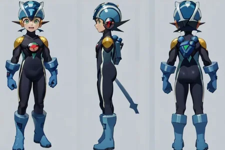 (masterpiece, official art, simple background), best quality, 1boy, solo, chara-sheet, megaman, blue footwear, blue boots, blue headwear, blue helmet, (indigo bodysuit:1.5), covered collarbone, yellow pauldron, full body, blue gloves, green eyes, looking at viewer, male focus, open mouth, smile, solo, standing, muscular, large pectorals, thick thighs