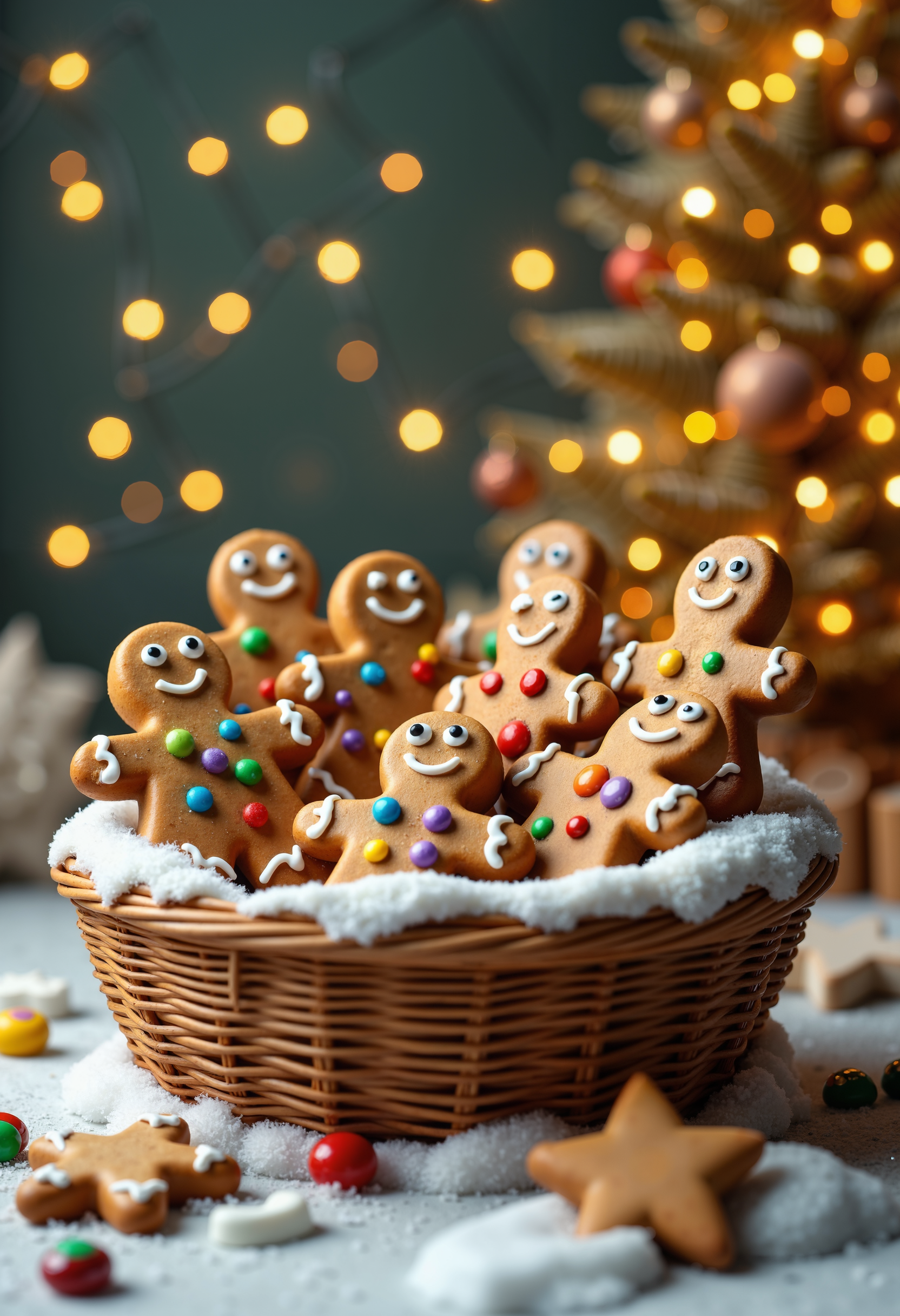 bo-christmas, christmas mood, a highly detailed, realistic depiction of a group of decorated gingerbread men in a wicker basket, set against a blurred background of a christmas tree adorned with fairy lights, the men are of different shapes and sizes, with some having small, round faces and others having larger, more expressive eyes, they are adorned with colorful, round candies in shades of green, blue, purple, and yellow, adding a festive touch, the basket is placed on a snow-covered surface, with a few more cookies scattered around, the background features a soft, warm glow of fairy lights and a star-shaped cookie on the right side, enhancing the holiday theme, the overall color palette is warm and inviting, with the warm tones of the cookies contrasting against the cool, golden hues of the tree and the white of the snow, the image exudes a cozy, festive atmosphere, perfect for celebrating the holiday season, high quality, ultra detailed, colorful, abstract, fantasy.<lora:Flux\boFLUX Christmas Dreams.safetensors:1.0:1.0>