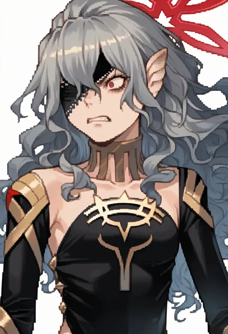 score_9, score_8_up, score_7_up, source_anime, 1girl, solo, angry
<lora:zs_DevilSurvivorPortraitsXL:1> devilsurvivorportraits, portraits, white background
<lora:embla-fe-richy-v1_pdxl:1> mbldf, red eyes, eyepatch, grey hair, long hair, pointy ears, halo, wavy hair, small breasts, detached collar, black bodysuit, detached sleeves, gold gauntlets,