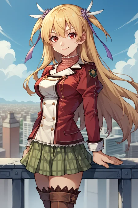 score_9, score_8_up, score_7_up, score_6_up, source_anime, BREAK 1girl  <lora:alisareinford-pdxl-nvwls-v1-000006:1> alisa reinford, blonde hair, two side up, sen1alisa, purple ribbon, turtleneck, red jacket, green miniskirt, brown thighhighs, medium breasts, upper body, looking at viewer, smile, looking at you, hand on hip, blue sky, city