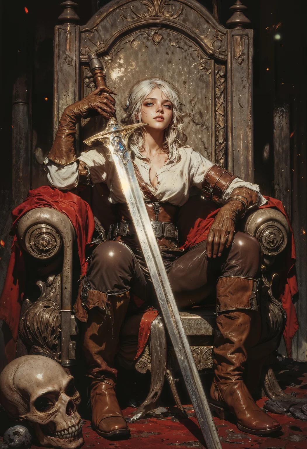 CiriW, cinematic photo. Image is a digital painting featuring a fantasy-themed scene. The layout is vertical, focusing on a central female figure seated on a large, ornate stone throne. The woman has fair skin and white hair. She wears a white, sleeveless tunic with a brown leather belt and arm guards. Her expression is confident and relaxed, with a slight smirk. A large sword rests across her lap, its blade extending diagonally across the image. The background is dark, enhancing the dramatic lighting on the subject. A red cloth drapes over the arm of the throne, and a skull with a gas mask-like appearance is positioned in the foreground, adding to the fantasy and slightly dystopian atmosphere. 35mm photograph, film, bokeh, professional, 4k, highly detailed <lora:FluxCiriWV1:1> <lora:FluxMythG0thicL1nes:0.6> <lora:FluxMythR3alisticF:0.5> <lora:RetroAnimeFluxV1:0.6> <lora:OB半写实肖像画V2.0:0.6> <lora:Anima-Portrait-Midjourney-FLUX:0.6>