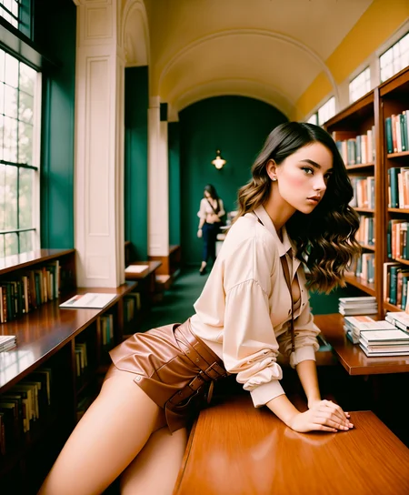 ((esthetic <lora:S1m0ne:.5> ingnue)), cool confident sexuality, poised ferocity, [vintage:modern:8] flirtatious regionalism, striking silhouette, library candid, (( [vibrant:muted:2] colors))