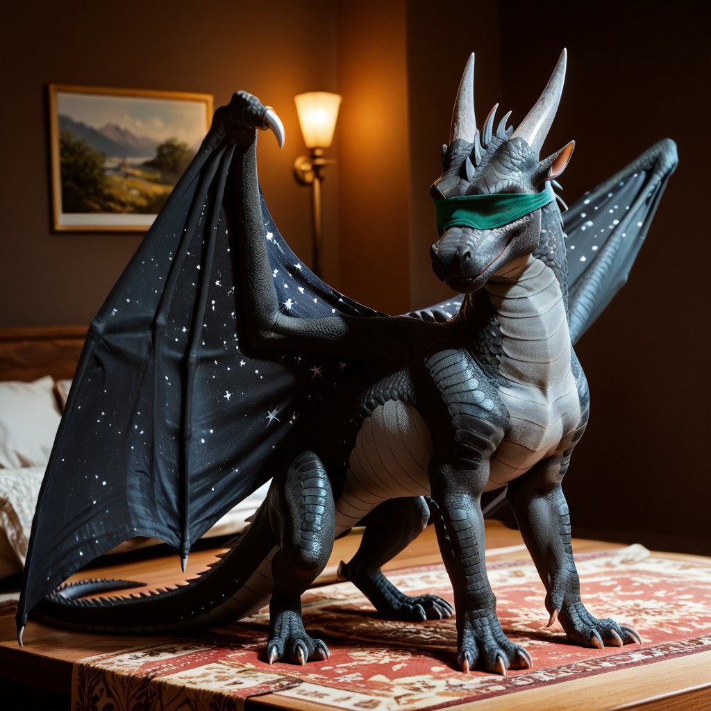 score_9, score_8_up, score_7_up, score_6_up, score_5_up, score_4_up, masterpiece, high quality, realistic, detailed, best quality, solo, rating_safe, source_furry, bedroom, smiling, happy, detailed eyes, detailed face, looking at viewer, standing, Nightwing_wof, dragon, black scales, wings, tail, horns, claws, starry wings, 1boy, male, gray underbelly, feral, spread wings, (blindfold, green blindfold)