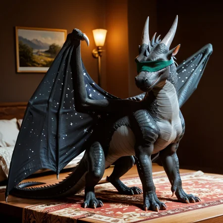 score_9, score_8_up, score_7_up, score_6_up, score_5_up, score_4_up, masterpiece, high quality, realistic, detailed, best quality, solo, rating_safe, source_furry, bedroom, smiling, happy, detailed eyes, detailed face, looking at viewer, standing, Nightwing_wof, dragon, black scales, wings, tail, horns, claws, starry wings, 1boy, male, gray underbelly, feral, spread wings, (blindfold, green blindfold)