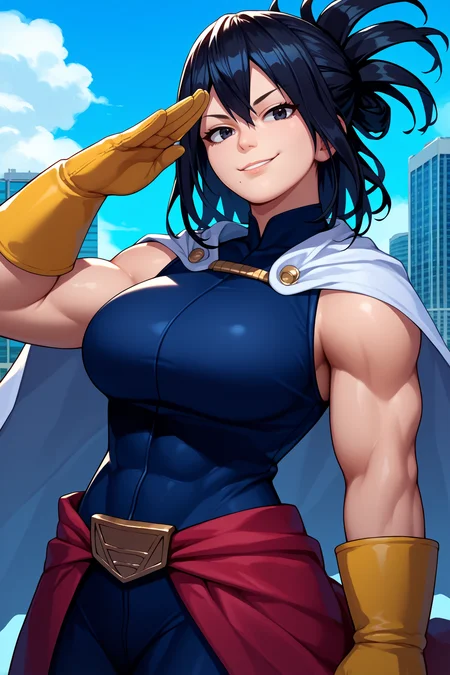 score_9, score_8_up, score_7_up, score_6_up, source_anime, 1girl, solo <lora:shimuranana-pdxl-nvwls-v1-000005:1> nshimura, black hair, folded ponytail, black eyes, mole under mouth, black bodysuit, sleeveless, white cape, yellow gloves, belt, looking at you, upper body, portrait, large breasts, city, blue sky, smirk, salute, toned
