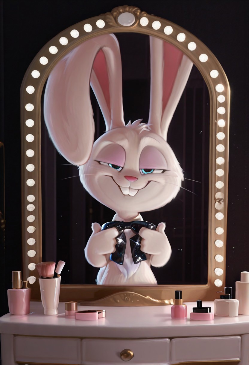 masterpiece, amazing quality, absurdres, ultra-detailed, detailed fluffy fur, no humans, furry male, solo, short, alec_azam, 1boy, white fur, blue eyes, whiskers, buck teeth, grin, teeth, rabbit tail, long ears, (droopy ears:1.1), unaligned ears, smug, half-closed eyes, eyelids, oversized bowtie, black bowtie, sequined bowtie, glitter bowtie, detached collar, adjusting bowtie, hands up, head tilt, fluffy, body fur, fewer digits, 4 fingers, looking at viewer, big head, upper body, 
BREAK
looking at mirror, indoors, vanity table, cosmetics, hollywood mirror, mirror lights, cosmetics, shadow, light particles, detailed shading, WaiIL25PosC