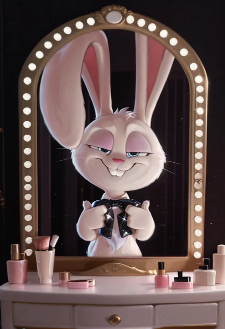 masterpiece, amazing quality, absurdres, ultra-detailed, detailed fluffy fur, no humans, furry male, solo, short, alec_azam, 1boy, white fur, blue eyes, whiskers, buck teeth, grin, teeth, rabbit tail, long ears, (droopy ears:1.1), unaligned ears, smug, half-closed eyes, eyelids, oversized bowtie, black bowtie, sequined bowtie, glitter bowtie, detached collar, adjusting bowtie, hands up, head tilt, fluffy, body fur, fewer digits, 4 fingers, looking at viewer, big head, upper body, 
BREAK
looking at mirror, indoors, vanity table, cosmetics, hollywood mirror, mirror lights, cosmetics, shadow, light particles, detailed shading, WaiIL25PosC