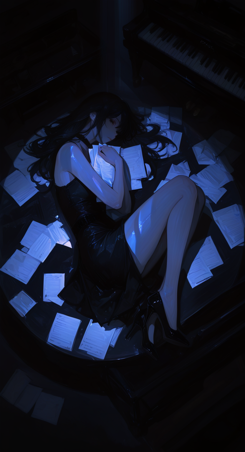 masterpiece, best quality, good quality, very aesthetic, absurdres, newest, 1girl, solo, long hair, looking at viewer, black hair, bare shoulders, full body, lying, shoes, sleeveless, choker, on back, black footwear, black dress, high heels, bare legs, from above, table, paper, realistic, piano, black theme, self hug, spotlight,moonlight, <lora:ponyv5_noobV065S_1_adamW-000013:0.7> <lora:USNR_STYLE_XL_lokr:0.45> <lora:GBF_Illustrious:0.4> <lora:748cmSDXL:0.8>