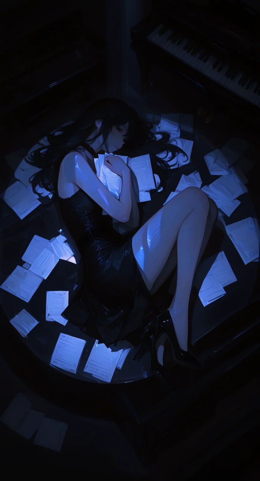 masterpiece, best quality, good quality, very aesthetic, absurdres, newest, 1girl, solo, long hair, looking at viewer, black hair, bare shoulders, full body, lying, shoes, sleeveless, choker, on back, black footwear, black dress, high heels, bare legs, from above, table, paper, realistic, piano, black theme, self hug, spotlight,moonlight, <lora:ponyv5_noobV065S_1_adamW-000013:0.7> <lora:USNR_STYLE_XL_lokr:0.45> <lora:GBF_Illustrious:0.4> <lora:748cmSDXL:0.8>
