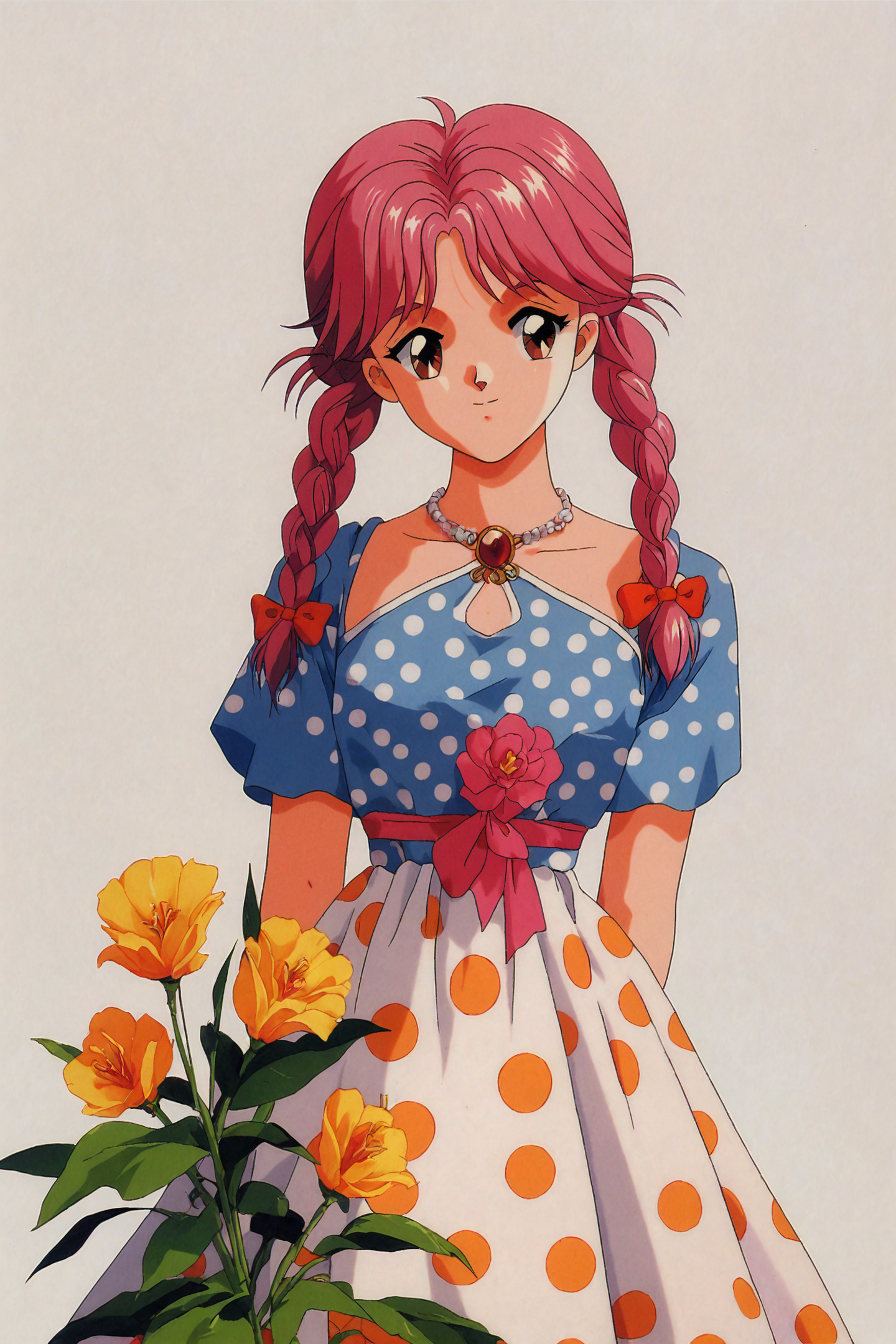 score_9,score_8_up,score_7_up,masterpiece,best quality,
Koshiki Yukari,1girl,solo,retro artstyle,white background,braid,twin braids,polka dot,simple background,pink hair,1990s (style),dress,short sleeves,long hair,brown eyes,polka dot dress,flower,
<lora:Tokimeki Memorial_XL_PONY:0.8>,