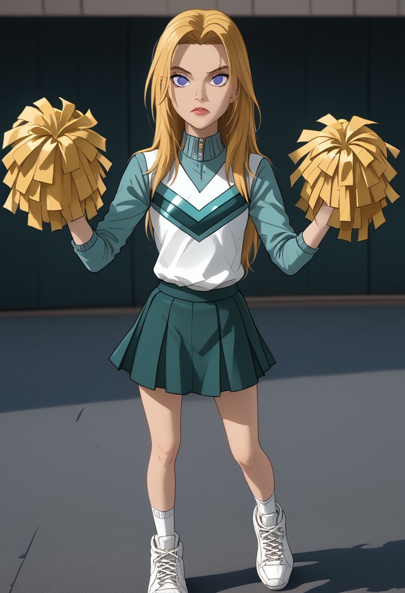 score_9, score_8_up, score_7_up, source_cartoon, highly detailed, intricate detail, high quality, HD, 8k, award-winning, masterpiece, (full body), ((2d)), ((cartoon)),
((standing in a sports ground, cheerleading)), diffuse lighting, ((perfect face, detailed face)),
((portrait photo)),
1girl, solo, ((female focus)),
((spectspmansallyavril, blue eyes, blond hair, long hair, parted hair, cheerleader uniform, shirt, skirt, short skirt, sneakers)),