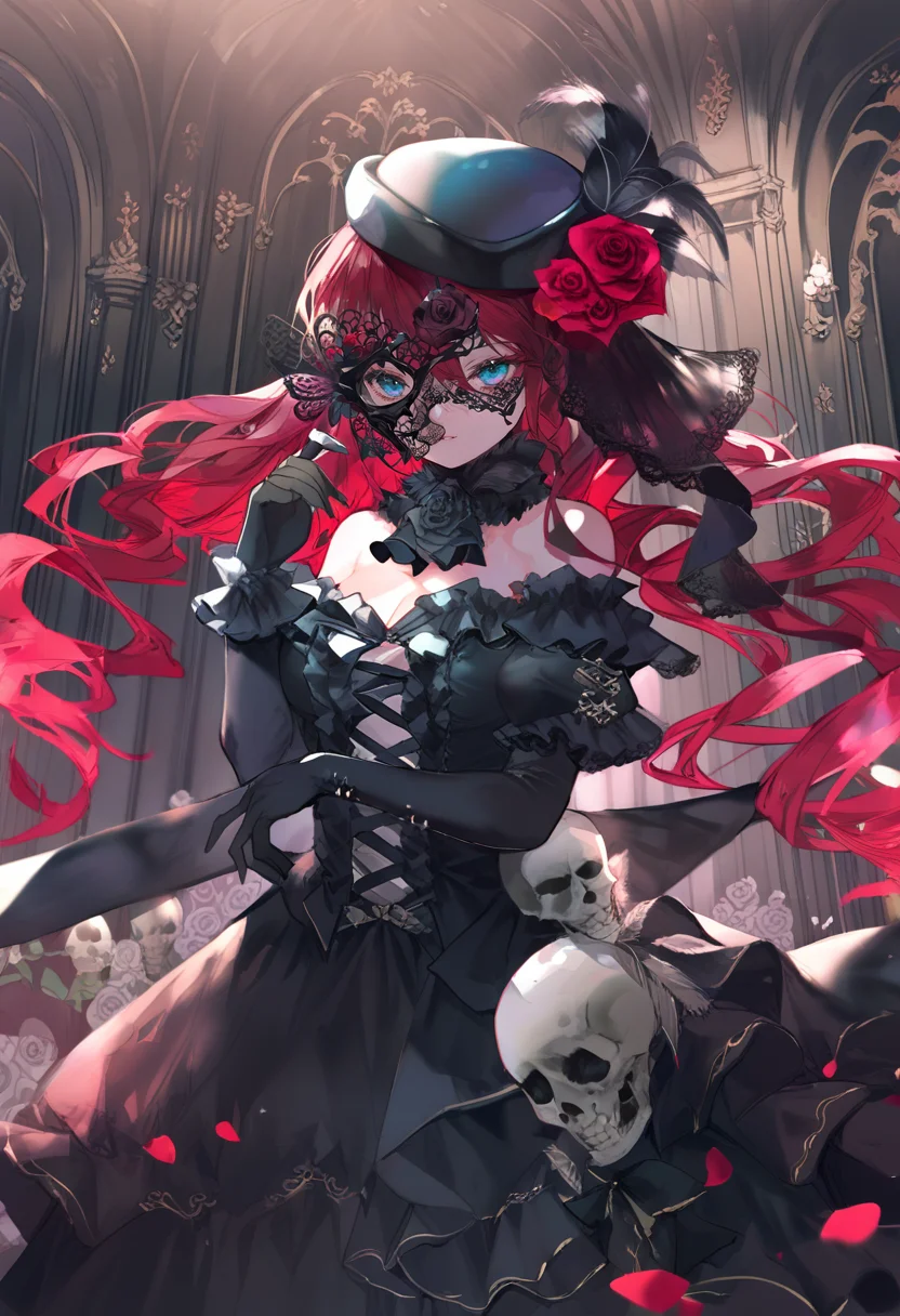 score_9, score_8_up, score_7_up, score_6_up, <lora:oninekoXL_TPN55_lokr_V43P1:0.95> 1girl, dress, long hair, rose, mask, gloves, hat, flower, red hair, black dress, black gloves, breasts, looking at viewer, elbow gloves, black headwear, ascot, cleavage, bare shoulders, frills, skeleton, red rose, veil, red flower, skull, jewelry, petals, hat flower, hat feather, off shoulder, long sleeves, off-shoulder dress, white ascot, solo, black rose, white rose, medium breaststa fashion, frilled dress, white flower, very long hair, black flower, indoors, hair ornament, standing, holding, feathers, blue eyes, gem, hair flower, jacket