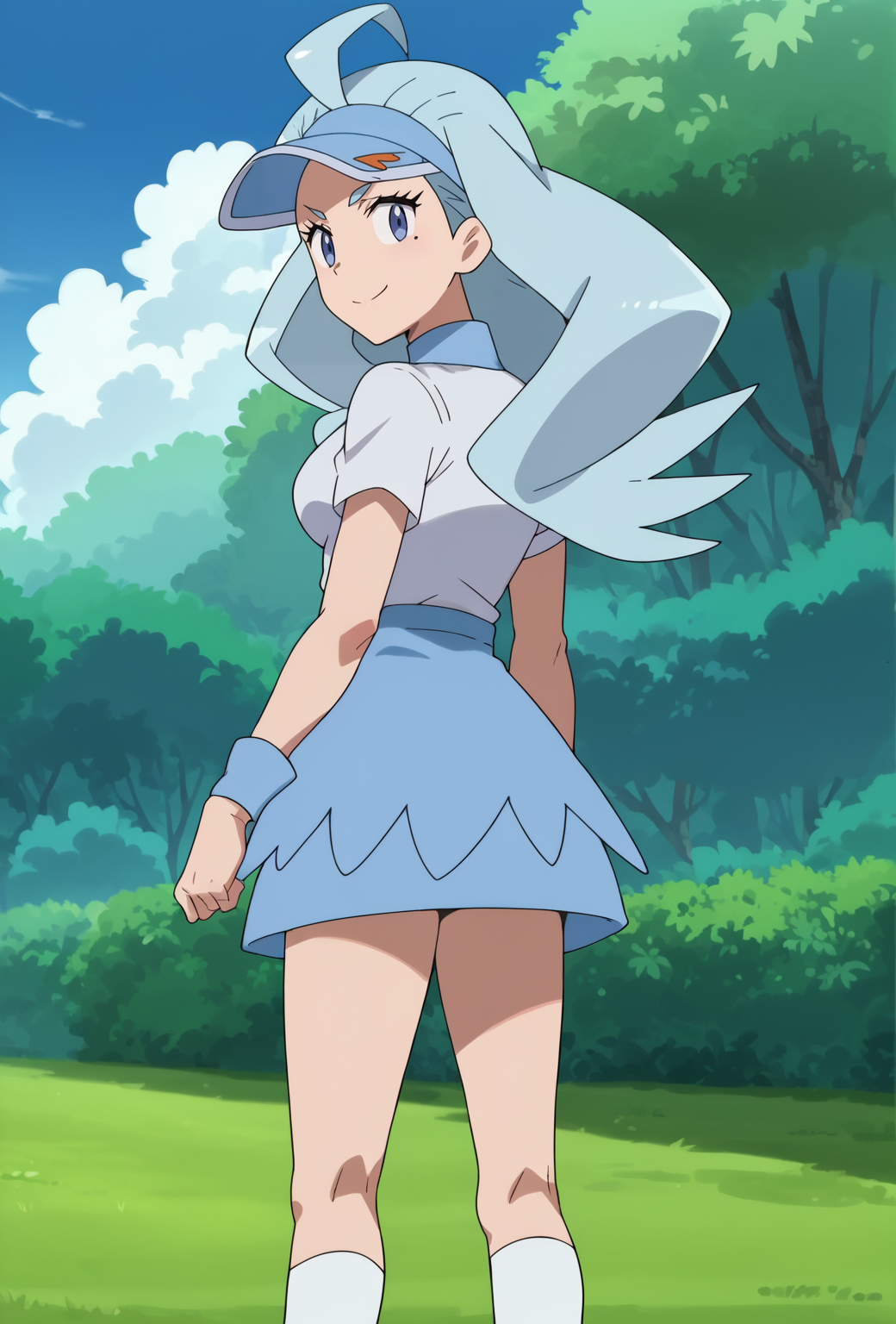 score_9, score_8_up, score_7_up, source_anime, 1girl, outdoors, smile,  <lora:Anime_Screencap:1> anime screencap, standing, <lora:Kahili-10:0.9> kahili, blue hair, blue cap, blue eyes, medium breasts, adult body, thighs, kneehighs, looking at viewer, looking back,