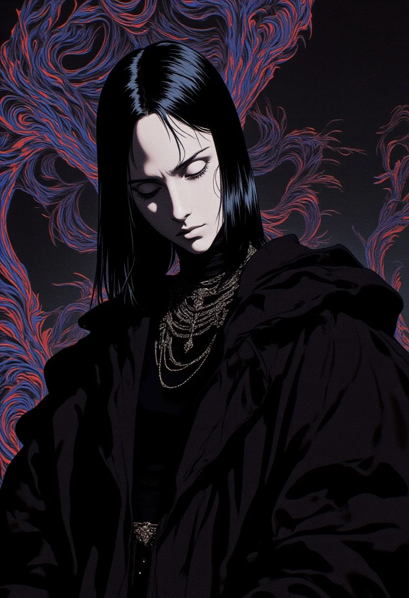 HD, ultra-detailed digital illustration in a contemporary high-fashion style, featuring a mysterious androgynous figure positioned slightly off-center, their head tilted downward with their mouth partially obscured by a stark white bandage that creates a striking focal point. Long, straight dark hair cascades over their shoulders, its sleek texture contrasting sharply with the crisp, clean white of the bandage. The figure is draped in an oversized black coat with dramatically voluminous shoulders, its sleek, polished texture hinting at luxurious fabric, possibly wool or cashmere. Beneath the coat, a barely visible black, high-necked top adds subtle depth, while delicate, layered silver chains adorn their neck, infusing an edgy, modern elegance. The background is a surreal blend of vivid optical illusion patterns, twisting and spiraling in kaleidoscopic shapes, creating a psychedelic effect that distorts perception and enhances the figure’s enigmatic presence. Dim, atmospheric lighting casts soft shadows, heightening the noir-inspired mood. The overall palette is rich and moody, with the white bandage as the sole bright element, pulling focus to the figure's rebellious aura. Smooth, precise lines and a polished finish define the artwork, capturing the essence of avant-garde fashion with a narrative of secrecy, defiance, and surreal intrigue.