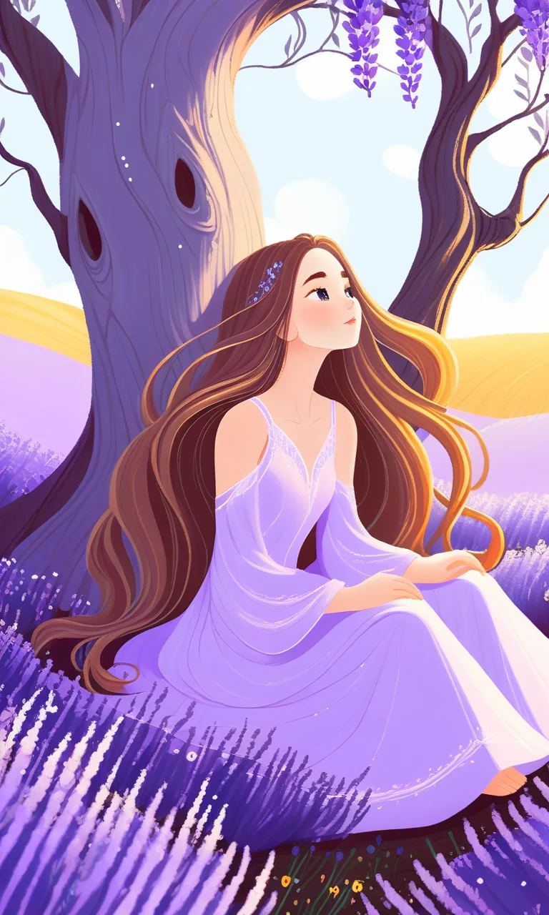free-hand,beautiful girl with long flowing hair,sitting in a lavender field,(standalone tree:1.4),fantasy art style,intricate,<lora:free-hand:0.7>,