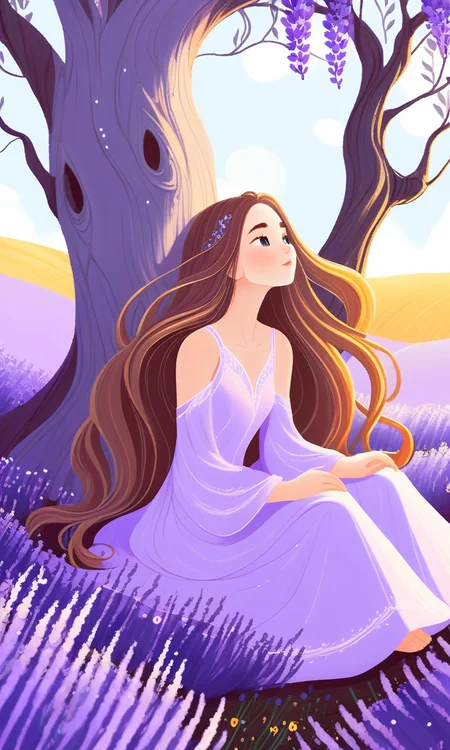free-hand,beautiful girl with long flowing hair,sitting in a lavender field,(standalone tree:1.4),fantasy art style,intricate,<lora:free-hand:0.7>,
