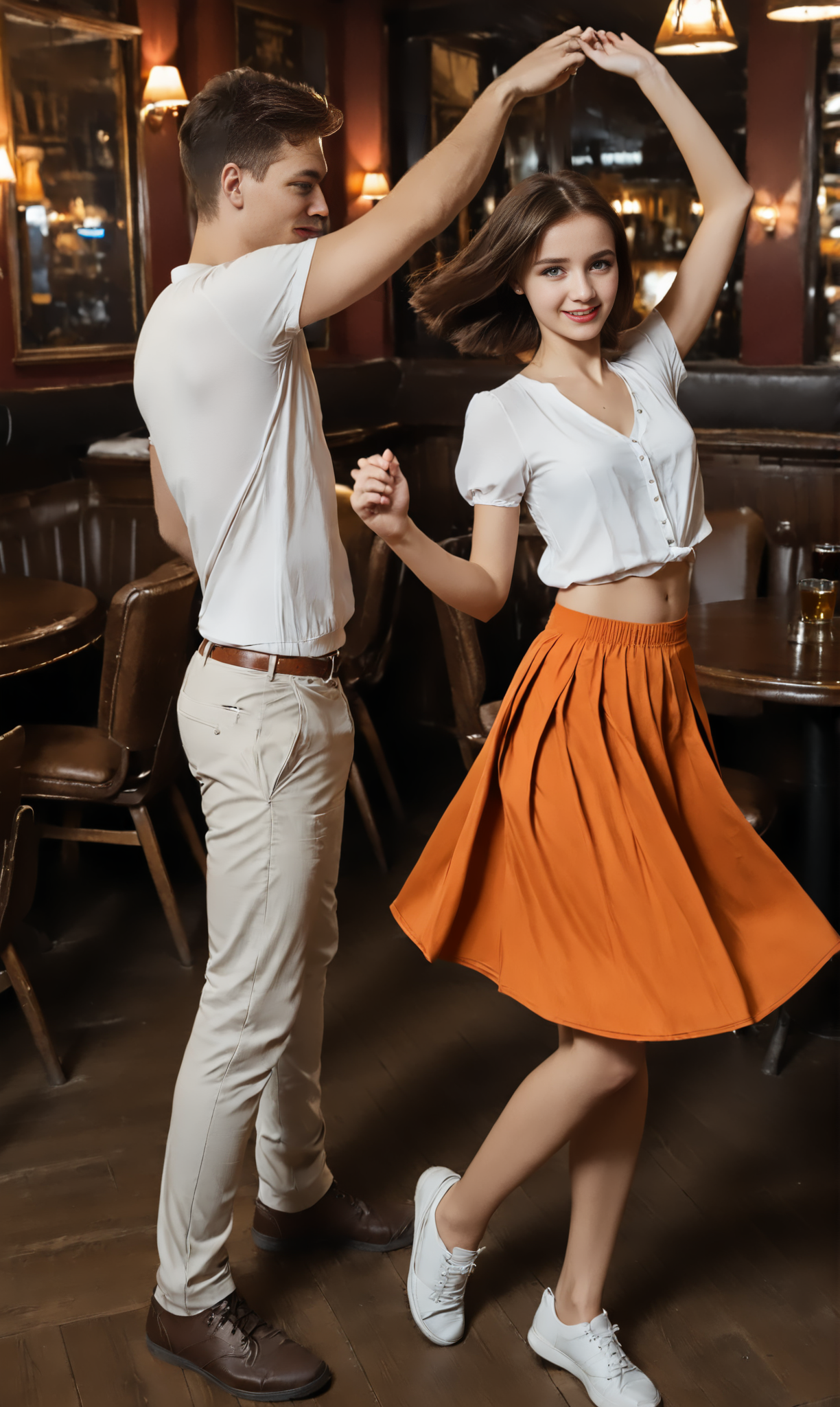 DanWiTu, (slim girl) and a man dancing in pub. The girl wears orange skirt and white blouse. The man wears long trousers and shirt. The girl has short brunette hair    <lora:DanceWithTurn:1>