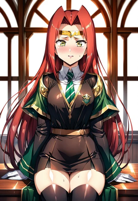 (best quality) , (highly detailed) , (best quality) , (highly detailed) ,((masterpiece)), ((best quality)), (ultra-detailed), ((extremely detailed)), (high resolution), 4K, (8K), best quality, (beautiful), (dynamic lighting), (super detailed skin), sharp focus, 1girl
<lora:fana_v1:1>,fana,circlet,red hair,yellow eyes, smiling, long hair
<lora:Fixhands_anime_bdsqlsz_V1:1>,
BREAK
wide sleeves, striped necktie, thighhighs, sweater, skirt, robe, hazy, wind, table, window, candle, aisle, great hall, hogwarts school uniform, 1girl, sweat, scared, shy, blush, slim figure, <lora:girllikeslytherin:0.8>, sitting  (((lustrous skin:1.5,bright skin: 1.5,skin,shiny skin,very shiny skin,shiny body,plastic glitter skin,exaggerated shiny skin,illuminated skin))),(detailed body,(detailed face)), Face Focus, Upper Body