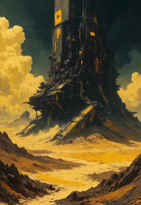 Muted yellow, gray, and black tones dominate the scene, evoking a dystopian, industrial atmosphere. Retro scan of an 80s sci-fi book, lofi, grainy, melancholic yet hyper-detailed, cinematic.
A digital painting in the style of ck-js: A colossal, technologically complex spaceship lies stranded in the middle of a desolate, cracked wasteland. Its intricate, black-and-gray hull is battered and scorched, with sections torn apart, exposing tangled mechanical innards and fading yellow hazard markings. The ship looms over the barren landscape like a beached leviathan, its towering silhouette casting long, menacing shadows across the ground.
Surrounding the wreck is a lifeless desert of fractured, dusty yellow and gray earth, dotted with scattered debris from the ship's catastrophic landing. The horizon is hazy, blending seamlessly into a dark, overcast sky, where storm clouds churn and faint beams of pale light struggle to break through.
Cinematic lighting bathes the scene in a somber glow, with swirling dust and subtle volumetric effects emphasizing the sheer scale of the wreckage. The atmosphere is heavy with a sense of abandonment and decay, enhanced by soft shadows, shallow depth of field, and a gritty film grain that lends the image an aged, retro-futuristic texture. A haunting reminder of technological ambition lost to ruin.