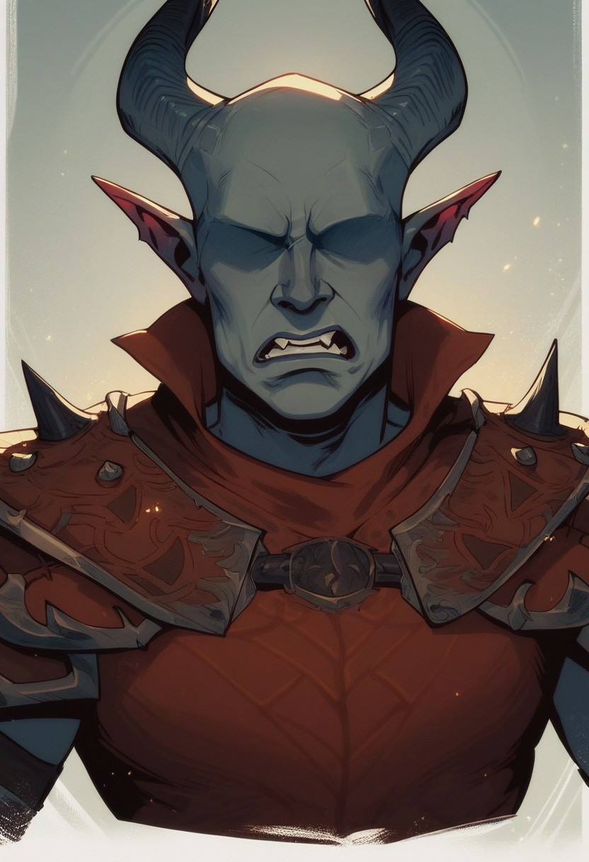 score_9, score_8_up, score_8, score_7_up, score_7, score_6_up, score_6, score_5_up, tiefling, gray skin, horns in a circle pattern, black tipped horns, runes, shoulder armor, spikes, wizard robes, red clothing, claws, masculine face, wide jawline, angry, intense expression, (eyeless, no eyes:1.3), vox machine style, 1boy, male focus, solo, close up portrait , fantasy, night background, (dynamic lighting:1.1)
((masterpiece))
