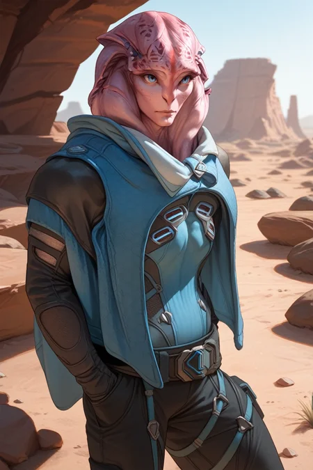 score_9, score_8_up, score_7_up,
<lora:MEAJaal:1.0>
MEAJaal, 1boy, alien, pink skin, blue eyes, Desert canyon with dramatic lighting, rugged and grand, Hands in pockets