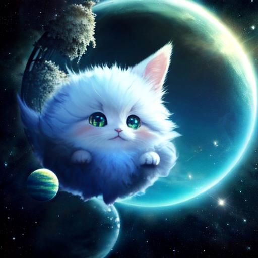best quality, masterpiece, cute fluffy angora baby in the sky, cute eyes,  kitten looks to cheerful, grin side view,  full body, SyFyEye1, reflection, night sky, day, crescent moon, ocean, night, sunlight, sunlight, 1other, moonlight, from behind, milky way, science fiction, planet, river, flying,