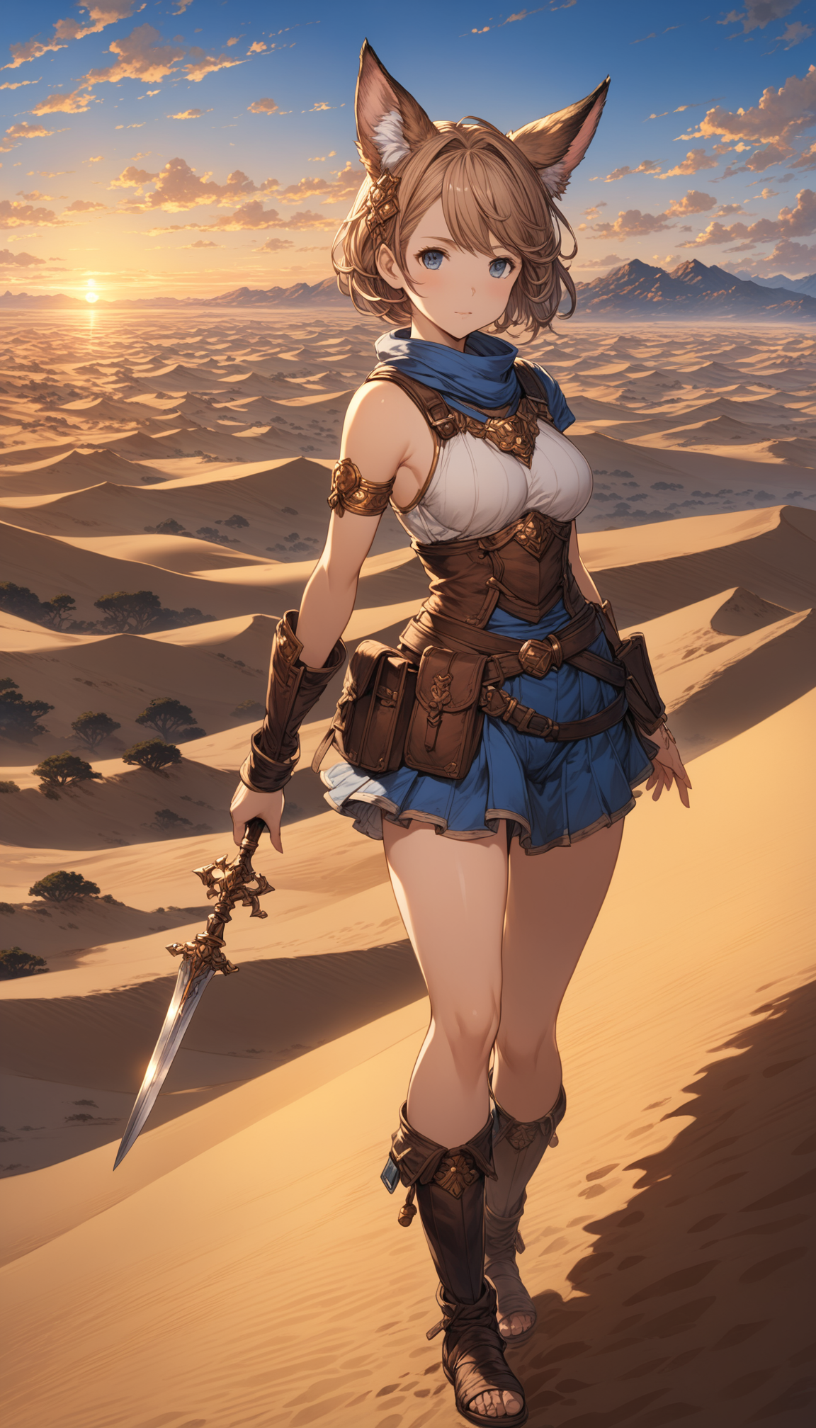<lora:granblue_fantasy_style_xl:0.8>,  granblue, 1girl, animal_ears, hair_ornament, short_hair, solo, zettai_ryouiki,
before the dunes of Arrakis under a twin sunset,
very aesthetic, highres, 4k, 8k, intricate detail, cinematic lighting, amazing quality, amazing shading, detailed Illustration, official artwork, wallpaper, official art,
extremely detailed eyes and face, beautiful detailed eyes,
from side, full_body,
<lora:add-detail-xl:0.75>,
<lora:quality1:0.75>,
<lora:extremely_detailed:0.6>, extremely detailed,