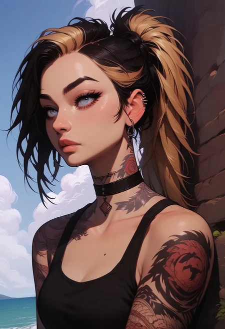 Score_9, Score8_up, Score_7_up, (((High Resolution, Best Quality))),
1girl, solo, Covered in Tattoos, her hand on her head, brushing hair behind ear, black hair, blonde streak in hair,
Tanktop, cutoff, choker,
On a Cliff overlooking a beach, Cloudy Sky,