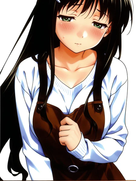 masterpiece,best quality,newest,
1girl,solo,
<lora:k_sayori_ilxl_v1.0:1>,k_sayori,hairclip,black hair,very long hair,green eyes,s_clothes,white sweater,brown dress,
<lora:Fixhands_anime_bdsqlsz_V1:1>,dynamic_angle,cinematic_angle,portrait,white background,simple_background,embarrass,light_blush,standing,upper_body,looking_at_viewer,blush,half-closed eyes,shirt tug,cowboy_shot,