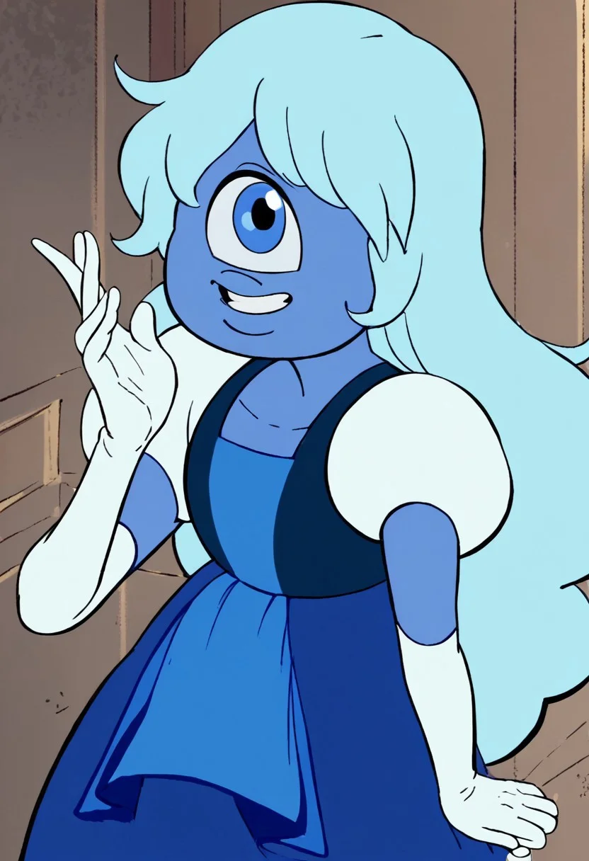 sapphire, blue skin, blue eye, one-eyed, cyclops, light blue hair, bangs, plump lips, smiling,
sapphire dress (season 1), blue dress, puffy short sleeves, elbow gloves, white gloves, 
1girl, solo, solo female, score_8, score_8_up,