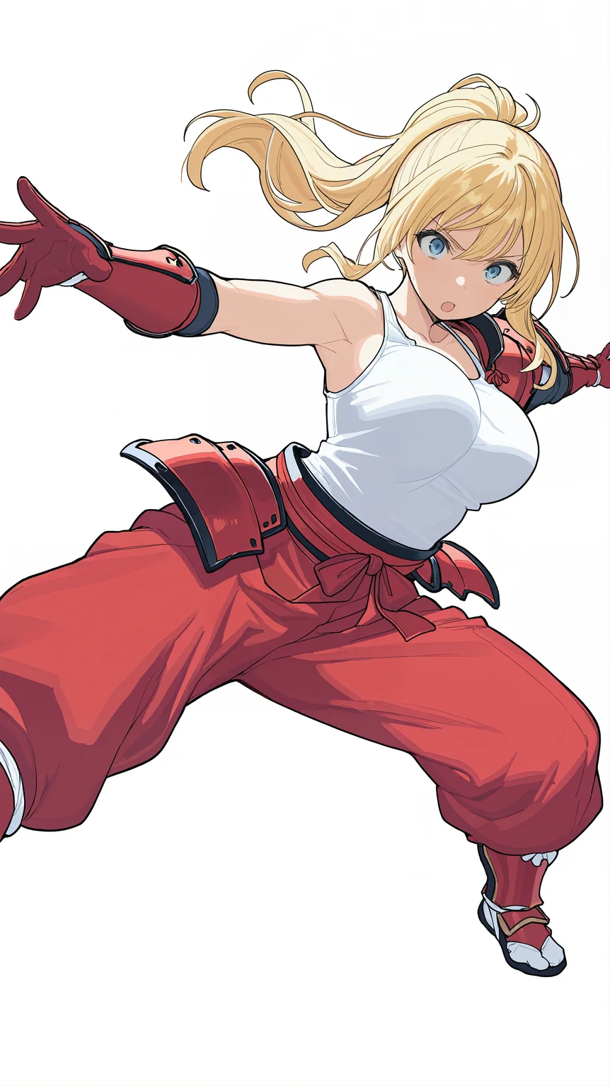 masterpiece, best quality, amazing quality,  <lora:NariTesh - Illustrious_epoch_11:0.8>, Naritesh, dynamic pose, outstretched arms, long hair, blonde hair, ponytail, blue eyes, white tank top, red (samurai armor), red gloves, pants, large breasts, white background, novel illustration,