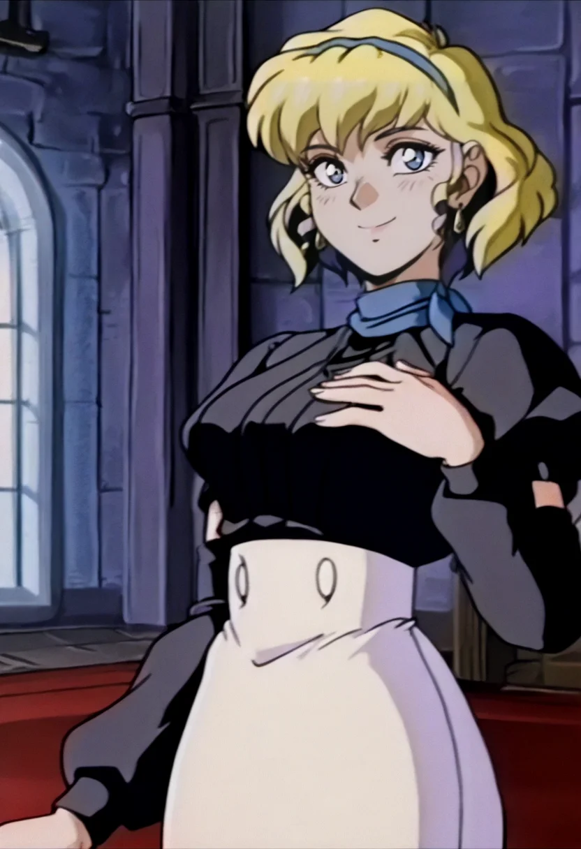 masterpiece, best quality, solo, looking at viewer, 1girl, smile, <lora:FeOVA_GLoRA-illus_Fp:1>, retro artstyle, <lora:feconstance-illu-nvwls-v1:1>, dfCon, multicolored hair, blonde hair, blue hair, short hair, blue eyes, blue hairband, earrings, black sleeves, black shirt, puffy sleeves, white skirt, high-waist skirt, indoors, hand on own chest,