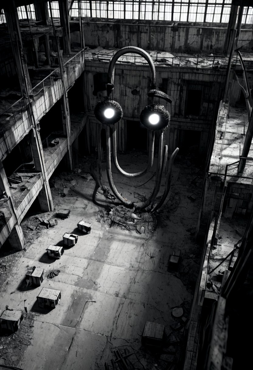 score_9, score_8_up, score_7_up, horrorcctvlora, monochrome, abandoned building, cl1ppy, pokemon (creature), greyscale, dark, glowing eyes, bird view