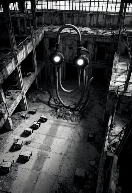 score_9, score_8_up, score_7_up, horrorcctvlora, monochrome, abandoned building, cl1ppy, pokemon (creature), greyscale, dark, glowing eyes, bird view