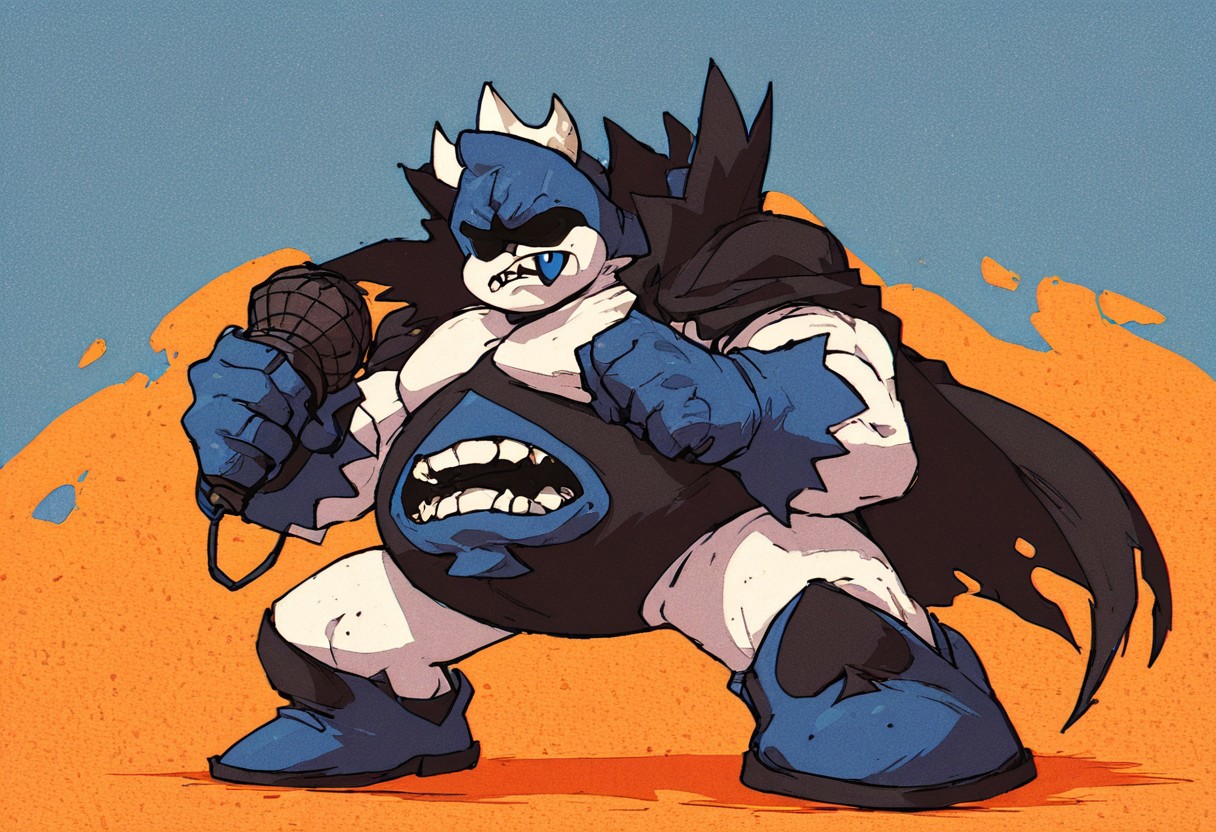 solo, holding microphone, standing, full body, source_cartoon, score_9, score_8_up, score_7_up, , rating_safe, safe, (SFW), BREAK, 1boy, solo,( king of spades, spades (suit), male, belly, blue tongue, chubby, blue body, white body, crown, monster, belly mouth, belly, fangs, teeth,), BREAK, frown, abstract background, black_cape, (hidden eyes:1.4), (eyeless:1.3) BREAK,   (zPDXL3),  (retro artstyle, halftone effect),