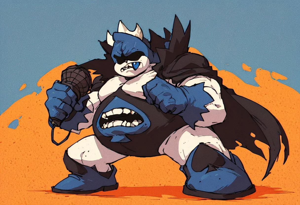 solo, holding microphone, standing, full body, source_cartoon, score_9, score_8_up, score_7_up, , rating_safe, safe, (SFW), BREAK, 1boy, solo,( king of spades, spades (suit), male, belly, blue tongue, chubby, blue body, white body, crown, monster, belly mouth, belly, fangs, teeth,), BREAK, frown, abstract background, black_cape, (hidden eyes:1.4), (eyeless:1.3) BREAK,   (zPDXL3),  (retro artstyle, halftone effect),