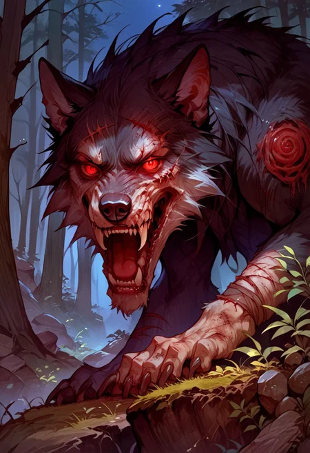 score_9, score_8_up, score_7_up, source_anime, solo, looking at the viewer, ( Giant wolf, wounds, red eyes, teeth, black fur, tail), scary, simple background, (detailed image, high resolution, 5k resolution:1.0),  (forest, rocks, plants, night, dark)