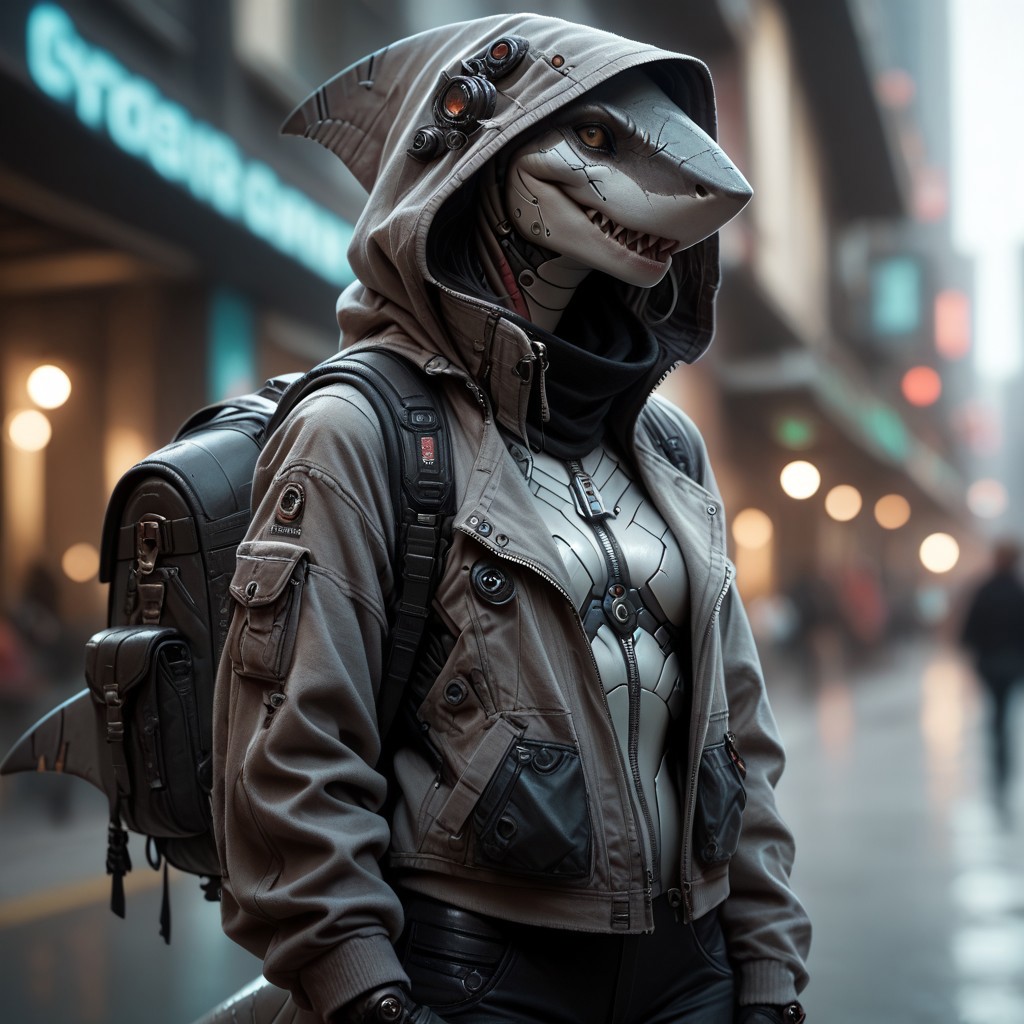 score_9, score_8_up, score_7_up, score_6_up, score_5_up, score_4_up, source_photo, source_real, source_furry, 1girl, solo, skinny, (anthro shark female:1.3), techwear, grey skin, scars, shark fangs, big open mouth grin, evil, solo, gloves, long_sleeves, standing, jacket, pants, hood, bag, blurry, no_humans, blurry_background, backpack, helmet, robot, mecha, 1other, zipper, science_fiction, realistic, (cyberpunk city background:1.3)