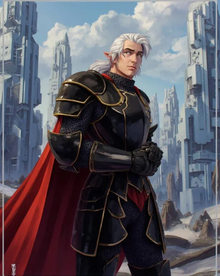 <lora:ck-LttleGhost-000011.safetensors:1> in the style of ck-lttlegh0stStanding tall, a muscular knight clad in black armor with golden accents gazes confidently at the viewer, his red cape flowing behind him. Protective shoulder pads curve across his chest, while intricate designs on his armor catch the light. He's flanked by futuristic skyscrapers that seem to stretch up to the sky, blending medieval and sci-fi elements with striking effectiveness.