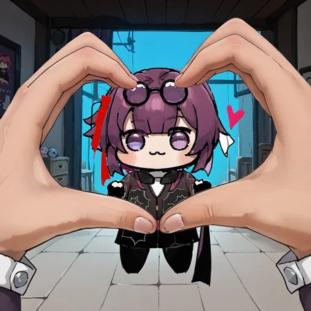 score_9, score_8_up, score_7_up BREAK solo, heart hands, pov, pov hands, KafkaHSR, purple hair, sidelocks, short ponytail, purple eyes, empty eyes, pince-nez, eyewear on head, purple hair, medium hair, sidelocks, short ponytail, purple eyes, doro, creature, chibi, :3, no humans, solid circle eyes, no pupils, white skin <lora:kafkahsr-ponyxl-bshi-v1:1> <lora:Doro_X_PDXL_V1:1> <lora:POVHeartHands_XLPD:1>