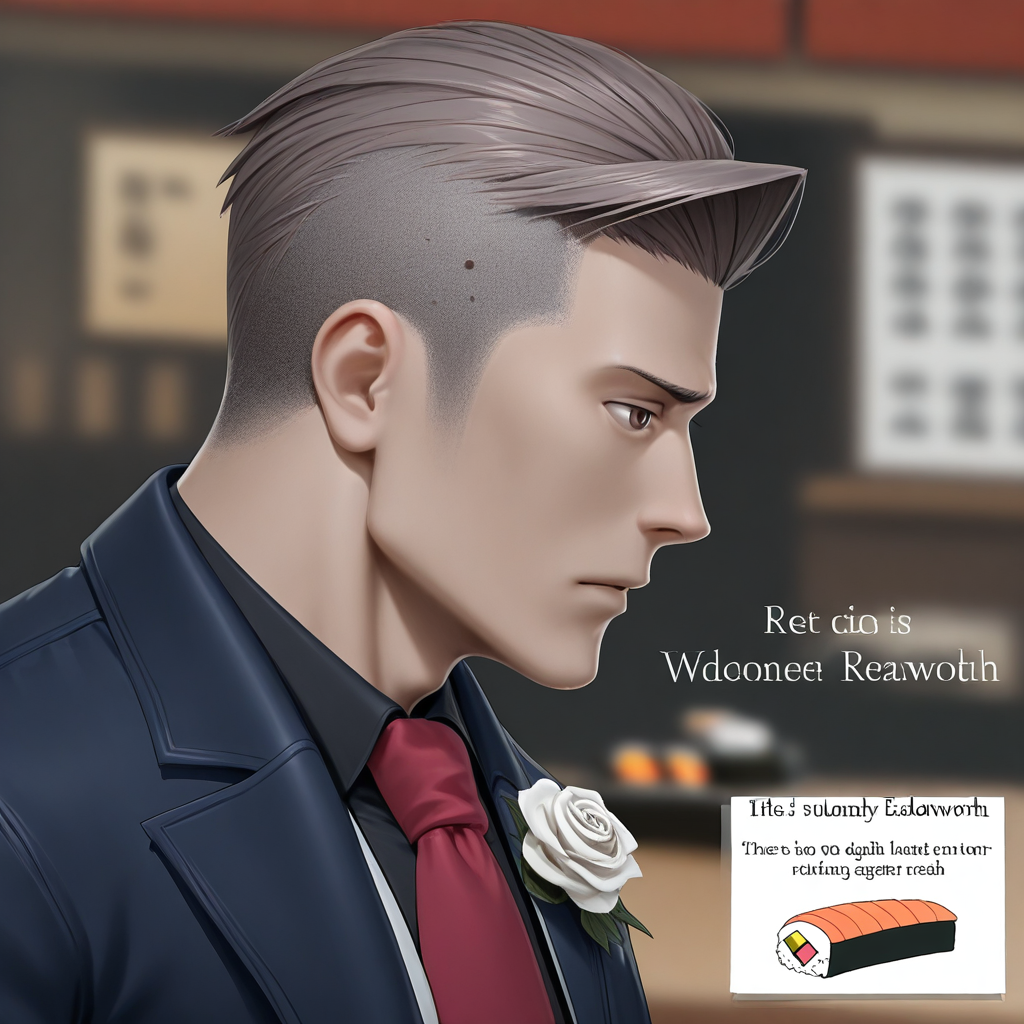 Miles Edgeworth, 1boy, male focus, blurry background, english text, red necktie, open jacket, profile, shaved hair, sushi, white rose, brown eyes, realism, digital drawing, dark eyes