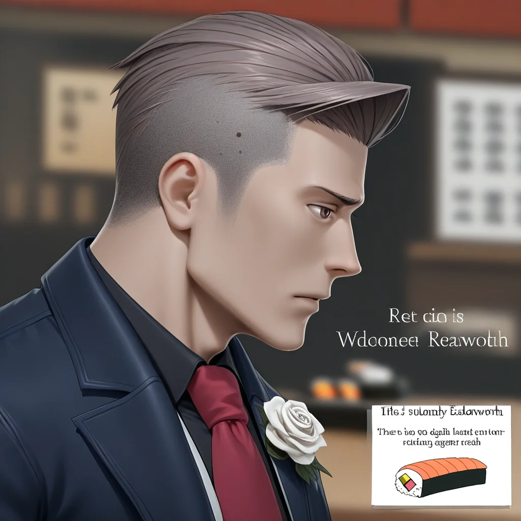 Miles Edgeworth, 1boy, male focus, blurry background, english text, red necktie, open jacket, profile, shaved hair, sushi, white rose, brown eyes, realism, digital drawing, dark eyes