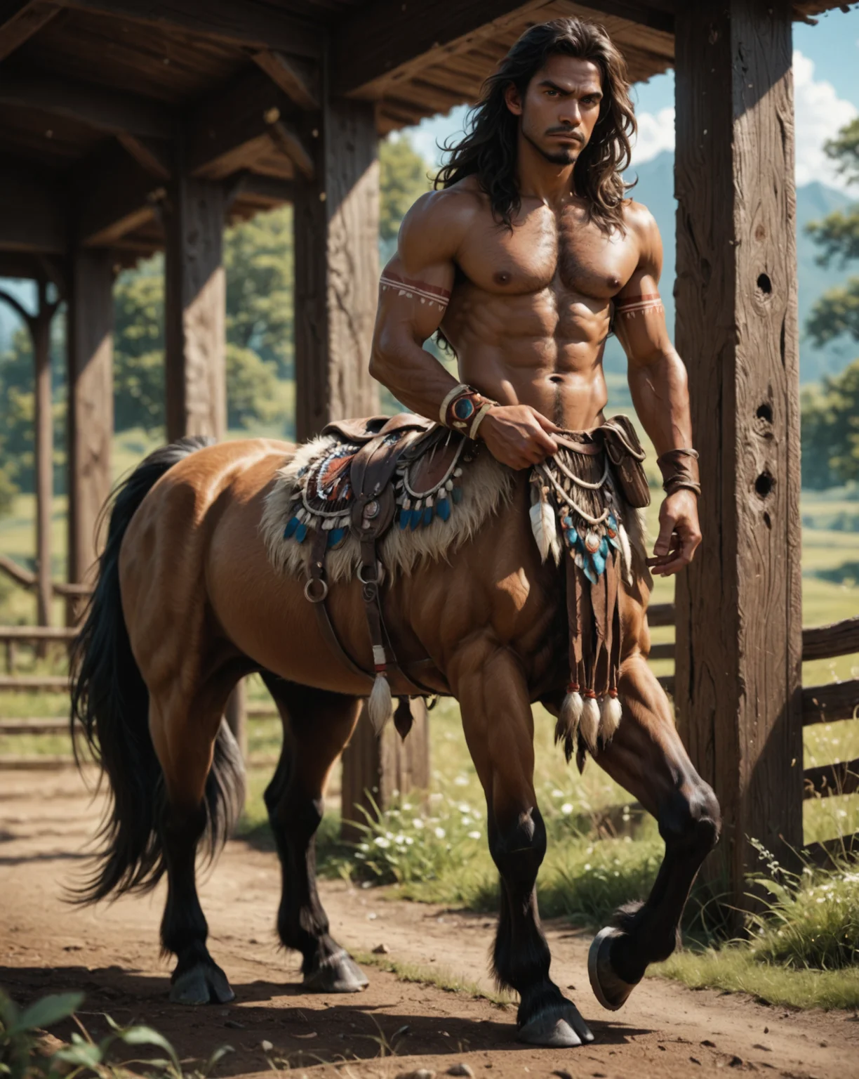 1score_9, score_8_up, score_7_up, intricate details, rating_questionable,
<lora:Centaur:1>, fantasy setting,
<lora:Alenaaenami:1>,
1boy(centaur, young man, long hair, goatee, muscular, tanned skin, hairy, chest hair, tribal, 
angry,
full body, side view:0.25, equine hooves, equine hoof shape,
looking at the viewer, solo), magical fantasy woodlands, detailed background, depth of field, subsurface scattering,
<lora:ral-chrosc-clr:0.3>, ral-chrosc-clr,
<lora:xl_more_art-full_v1:0.3>,
<lora:add-detail-xl:0.3>