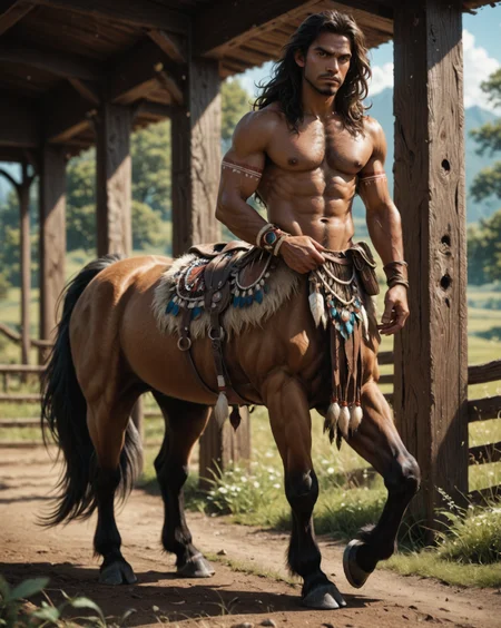 1score_9, score_8_up, score_7_up, intricate details, rating_questionable,
<lora:Centaur:1>, fantasy setting,
<lora:Alenaaenami:1>,
1boy(centaur, young man, long hair, goatee, muscular, tanned skin, hairy, chest hair, tribal, 
angry,
full body, side view:0.25, equine hooves, equine hoof shape,
looking at the viewer, solo), magical fantasy woodlands, detailed background, depth of field, subsurface scattering,
<lora:ral-chrosc-clr:0.3>, ral-chrosc-clr,
<lora:xl_more_art-full_v1:0.3>,
<lora:add-detail-xl:0.3>