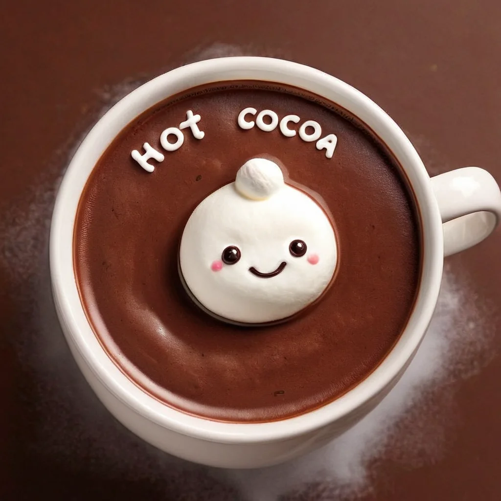 <lora:Harrlogos_v1.1:1> ( "HOT COCOA" text logo:1.2), a cute marshmallow creature sitting in a pool of steaming chocolate, top down view,